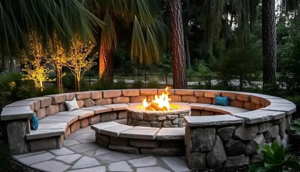 Outdoor Fireplace With Built-In Seating